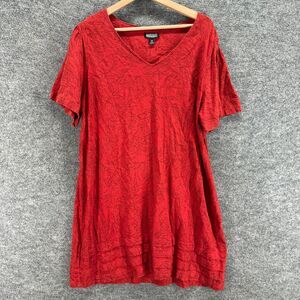 Original Dress Women 2XL Red Floral Shift Short V-Neck Linen Short Sleeve Casual